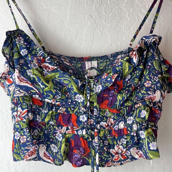 ~ Anthropologie M Silky Cami Boho Botanical Birds Floral Strappy Sleeveless Blue - Picture 2 of 14